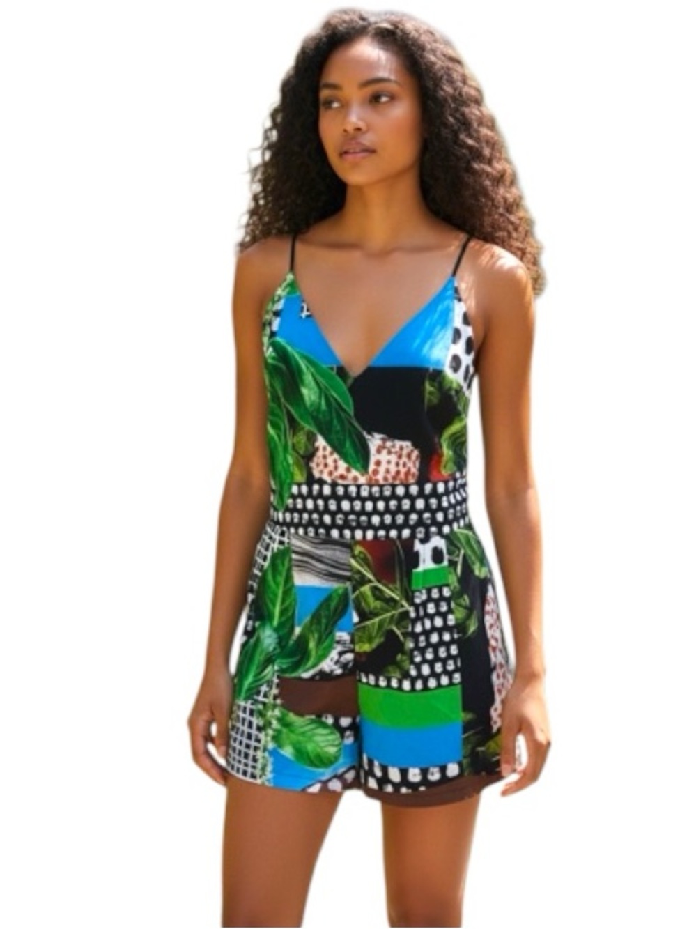 CLOVER Canyon Tropical High Rose Romper Shorts Sz L V Neck Colorful Feminine